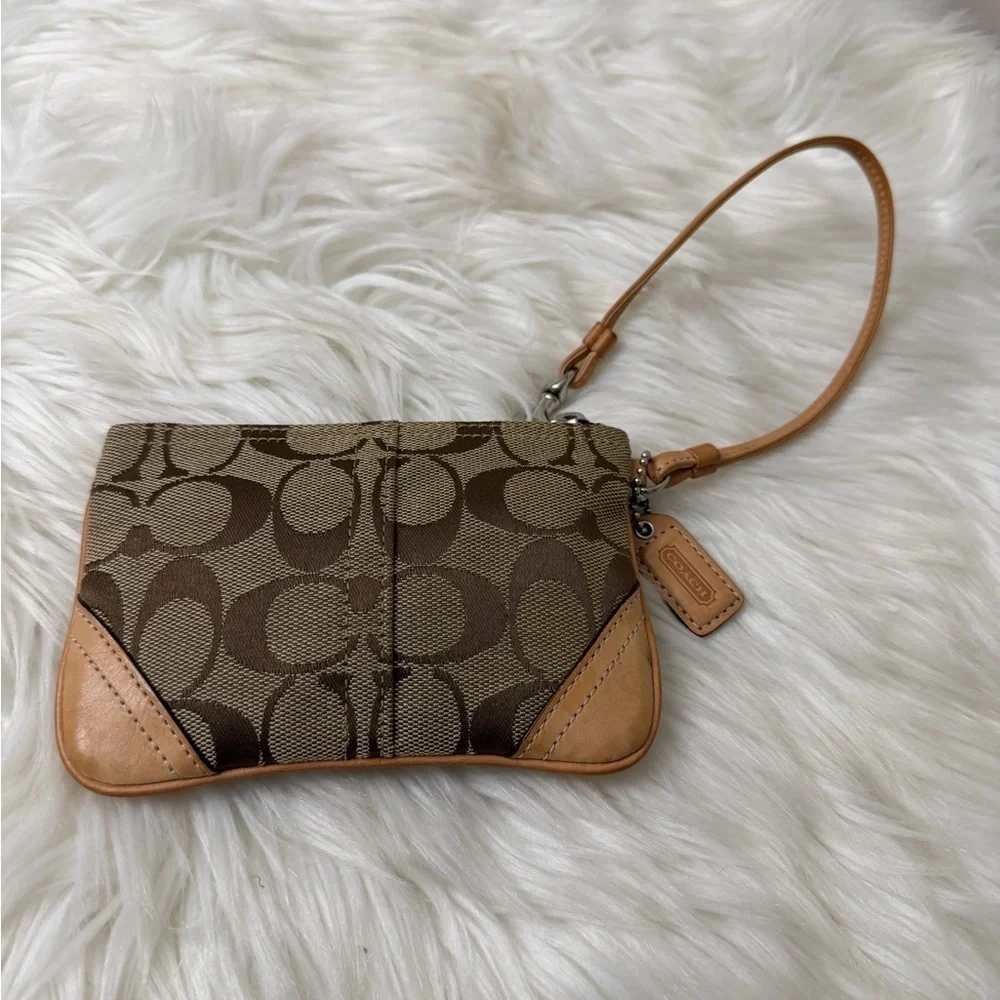 Coach Signature Brown and Tan Wristlet